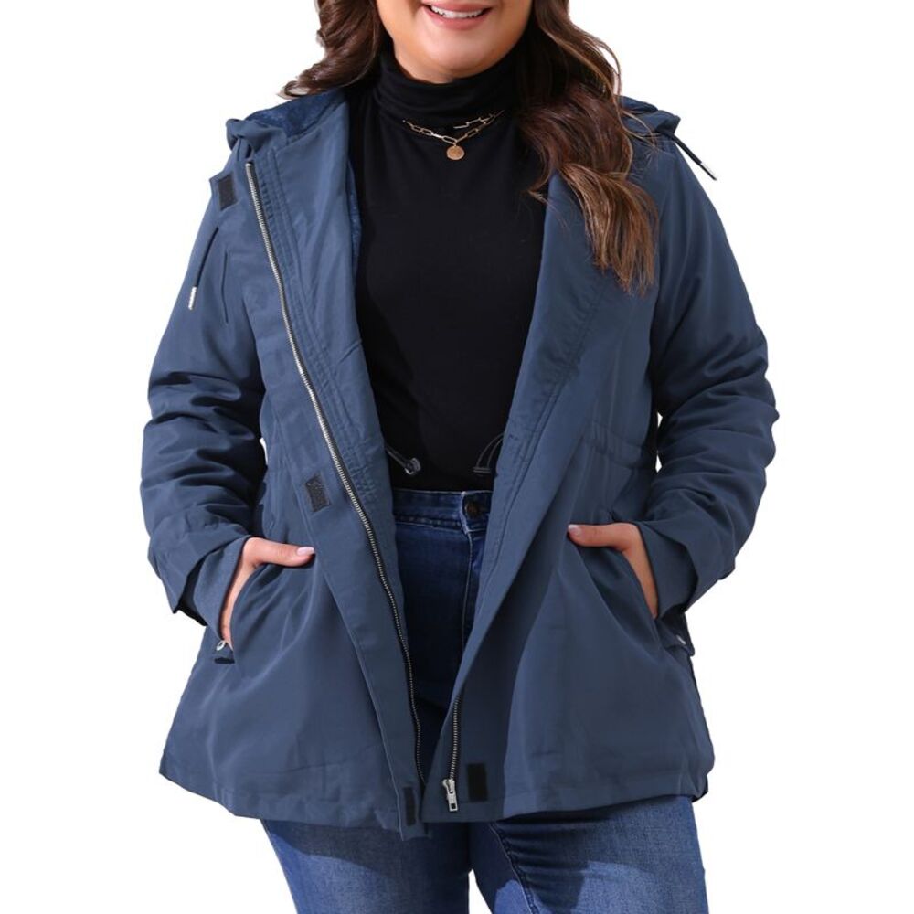 Plus Size Rain Waterproof Fleece Lined Hooded Windbreaker Coat Navy Blue